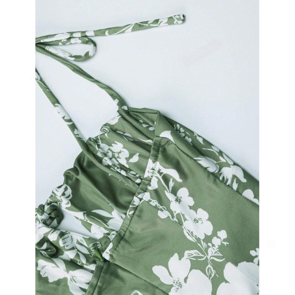 Floral Print White on Green Long Dress Sheath, Drawstring Ties Maxi Stretchy - Picture 12 of 16